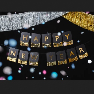 BANER girlanda na Sylwestra z napisem Happy New Year 135x16,5cm Czarno-Złoty