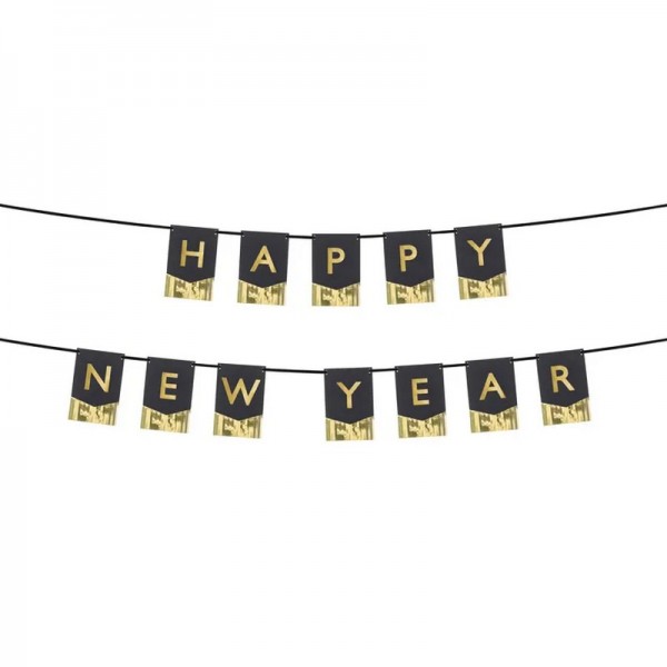 BANER girlanda na Sylwestra z napisem Happy New Year 135x16,5cm Czarno-Złoty